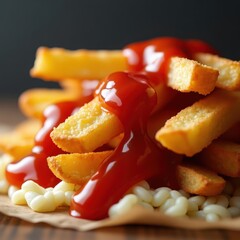 Macro photo of rabbit skin crispness with ketchup drizzled fries