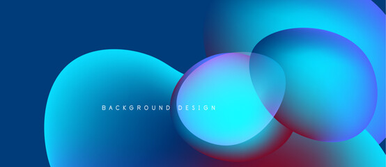 Abstract fluid shapes overlap, creating vibrant blue, pink gradients. Modern design suggests technology, innovation, dynamic movement.