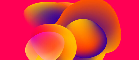Abstract fluid shapes overlap, vibrant colors blend. Orange, purple, yellow gradients create dynamic composition against pink backdrop. Modern design.
