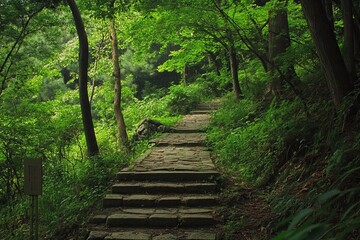 Obraz premium Stone path winding through lush green forest
