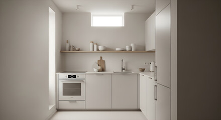 A minimalist white kitchen with a built-in oven, sink, and refrigerator, featuring open shelving above the counter.