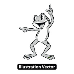 Joyful cartoon frog character pointing fingers, isolated black and white vector graphic