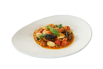 Isolated plate of Fregola Pasta with seafood in red sauce- Italian cuisine