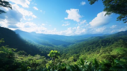Lush mountain valley panorama under a bright sky