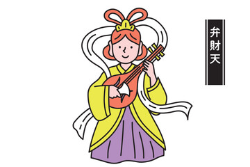 かわいい七福神の線画ベクターイラスト　弁財天