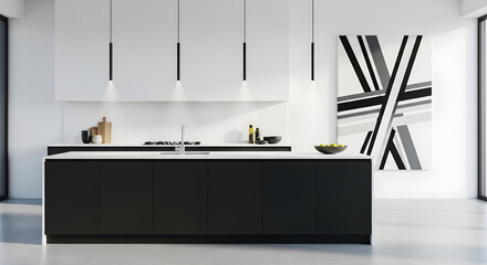 A modern minimalist kitchen with a sleek black island and white countertops, illuminated by pendant lights.