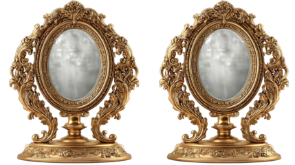 Ornate gold-framed mirrors, oval shape, two pieces