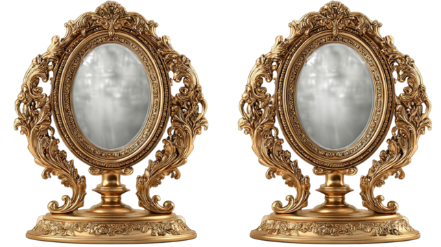 Ornate gold-framed mirrors, oval shape, two pieces