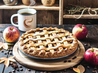 Homemade apple pie with cinnamon on wooden board next to cup of coffee