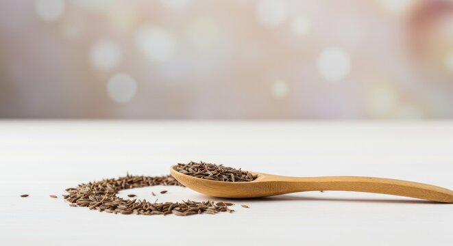Wooden spoon with cumin seeds and scattered seeds on a white surface