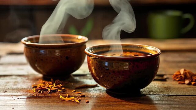 Steaming hot sake served in traditional ceramic cups on a rustic wooden table in a cozy Japanese restaurant during a winter evening gathering