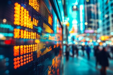 Financial data display in a bustling city at night.  Bright, digital ticker showing stock or market information.  Blurred background of city streets and people