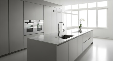 A modern, minimalist kitchen with a large island, integrated ovens, and abundant natural light from a large window.