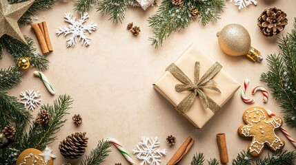 Christmas flat lay with gift box, ornaments, gingerbread man, and pine branches on beige background