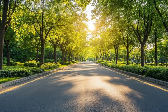 Empty paved road, lined with lush green trees, bathed in sunlight