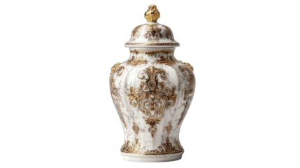 Ornate white porcelain jar with gold detailing