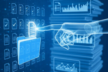 Digital document management system concept with virtual screen and hand touch