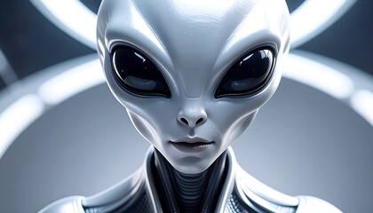 Grey alien portrait, futuristic room, close-up