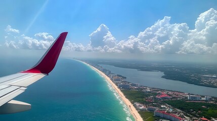 Looking out the plane window, you can see the wing. Below is the Mexican coast with Cancun's hotels in Quintana Roo.

