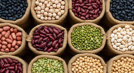Top-Down Grid of Assorted Dry Legumes in Burlap Sacks – Rustic Market Style Food Photography