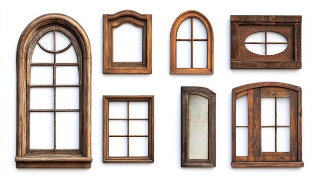 Old window frames in brown color. They have different shapes and are shown alone on a white background.
