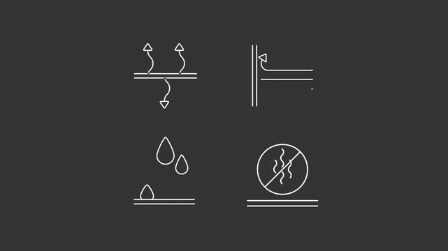 Resistant fabric animation set. Material features animated white line icons. Water repellent, windproof. Breathable cloth. Isolated elements on dark background. Alpha channel HD video