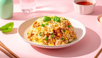 A delicious plate of fried rice with peas, egg, and basil on a modern pink tabletop with bright sunlight.