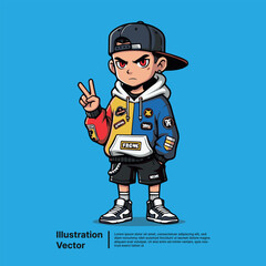 Cartoon character in trendy streetwear with a peace sign, a stylish illustration vector graphic