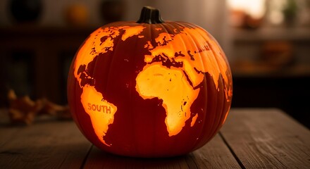 World map carved into a pumpkin glowing on a wooden table for halloween fun
