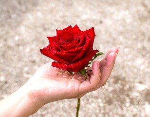 Red rose held in a hand outdoors