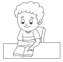 Cute cartoon hand drawn vector boy reading book outline.