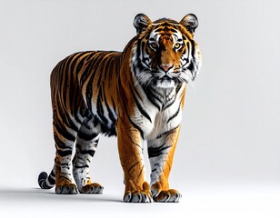 Powerful tiger, standing,  facing forward, against plain light gray background