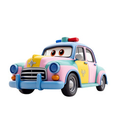 Fototapeta premium Whimsical painted vintage police car toy with fun colors and friendly cartoon eyes isolated on transparent background