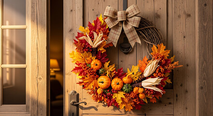 A festive autumn harvest wreath with colorful leaves, pumpkins, and corn, hanging on a rustic wooden door for a warm welcome