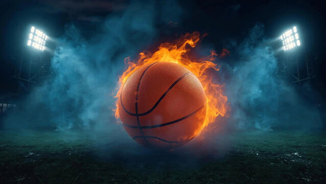 Realistic basketball in foreground with Stadium Background