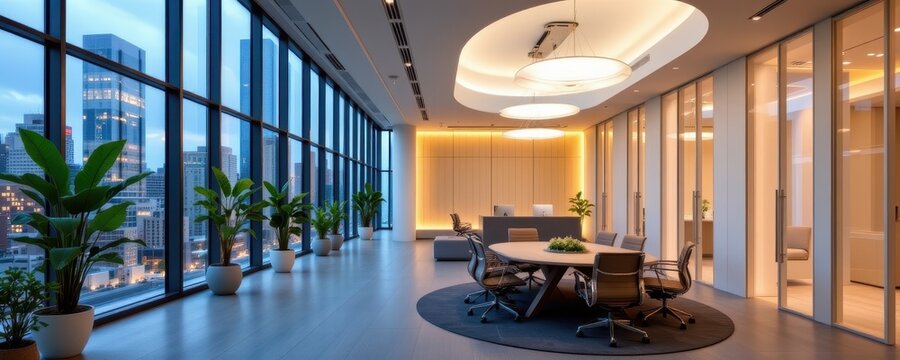 offices designed with natural lighting, example of sustainability, cutting energy pollution, encouraging workplace conservation habits, futuristic glowing business environments inspiring change