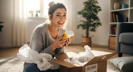 Delighted young woman sitting on the floor at home, happily unboxing a package and holding a product from her online shopping order