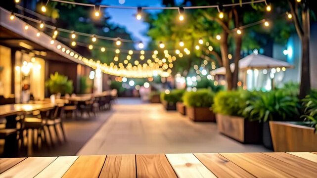 Rustic wooden table surface with blurred restaurant terrace background and glowing decorative string lights at dusk