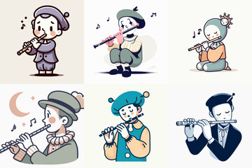 vector illustration of a set of pantomimes playing the flute