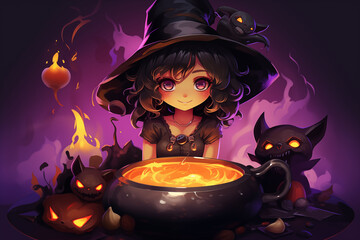 Cute cartoon of a witch mixing potion in a cauldron, Halloween.
