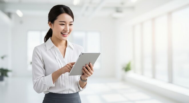 Woman in white shirt and gray skirt using a tablet computer