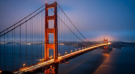 Fototapeta premium Golden Suspension Bridge Illuminated at Twilight Over Calm Water and Cityscape