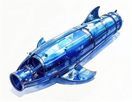 Shiny blue, stylized, metallic fish-shaped spacecraft - Powered by Adobe