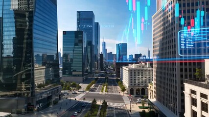 Dynamic financial data charts and holographic interfaces overlaying a bustling modern city skyline, symbolizing global business and technological advancement. - Powered by Adobe