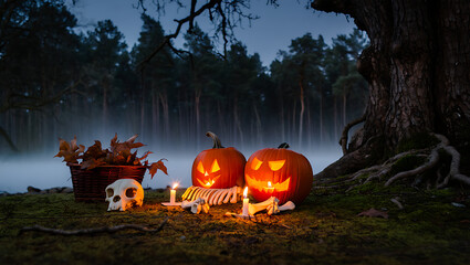 Spooky Halloween Scene: Jack-o'-Lanterns, Skeleton, and Foggy Forest