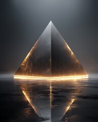 A Minimalist Futuristic Render Of An Abstract Crystal Pyramid Glowing With Neon Edges. It Sits In The Middle Of A Black Polished Platform, Illuminated By Soft Golden Light. The Reflections And Shado