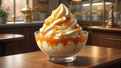 Delicious soft serve ice cream dessert with caramel sauce drizzled generously on top in a clear glass bowl