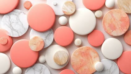Obraz premium Abstract composition of coral, white, and beige cylindrical disks with marble textures, scattered on a white background