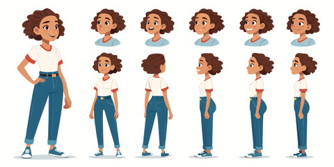 Young woman character constructor in modern casual outfit with jeans and t-shirt. Animation set with hairstyles, emotions, gestures, and different body postures. Vector illustration for explainer vide