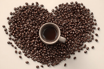 Love coffee beans in a heart shape with a cup of dark roast coffee for your morning, perfect for coffee shops, gifts, or a romantic cup of joe